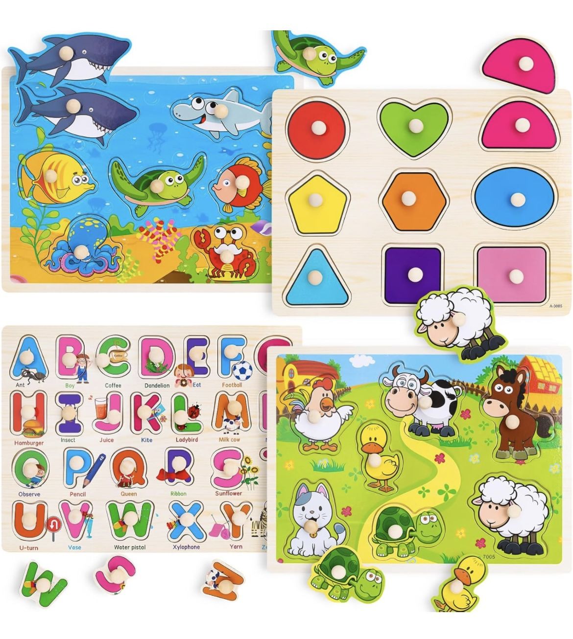 New In Box Wooden Peg Puzzles for Toddler,4Pack Montessori Toys Learning Puzzles with Animals,Shapes,Alphabet