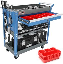 AIRAJ 3 Tier Rolling Tool Cart,Mechanic Tool Cart on Wheels,Industrial Utility Cart with Drawers and Pegboard,440 LBS Capacity Tool Storage Cart for G