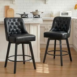Counter Height Swivel Barstools with Back,26" H Seat Height Upholstered Bar Stools for Kitchen Island,Set of 2,Black Leather
