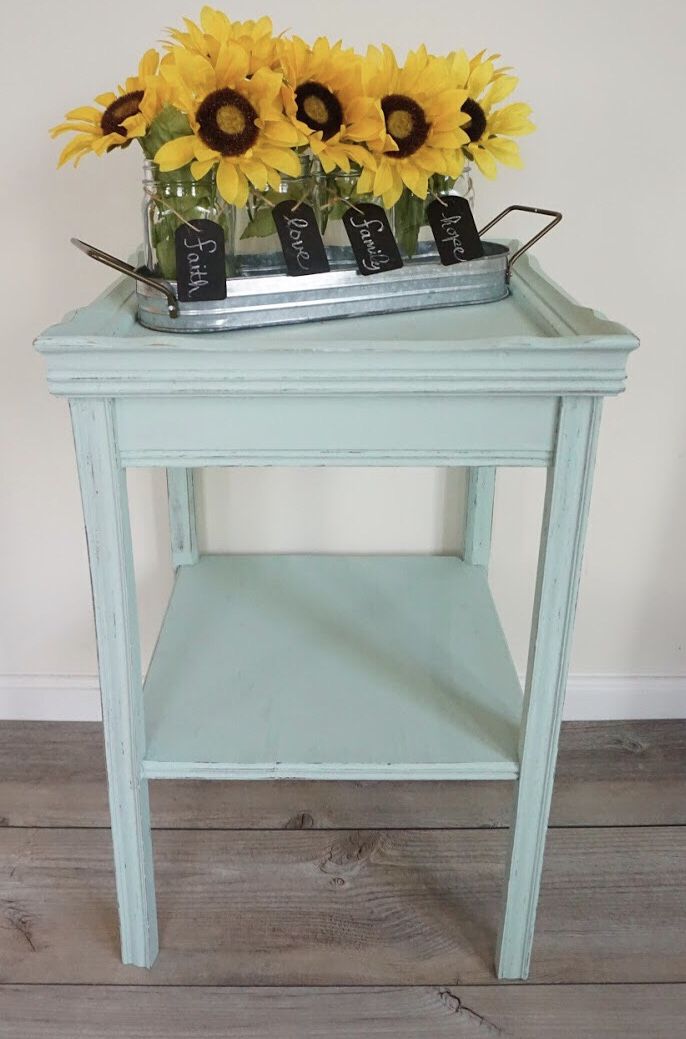 Distressed hand painted farmhouse style side table - solid wood