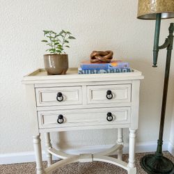 Cream Cottage Accent Table / Nightstand with 3 Drawers | Distressed Finish (24.5x28x13)