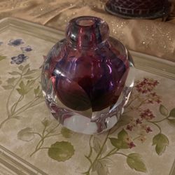 Sommerso Art Glass Perfume Bottle Bud Vase Purple & Pink Swirls Square Shape 4”