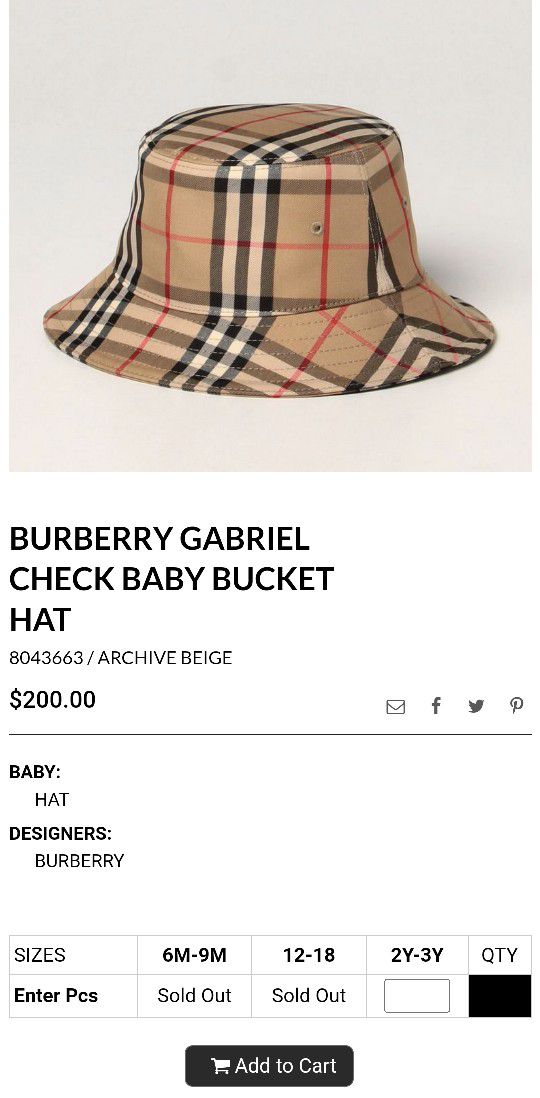 Burberry Gabriel Check Baby Bucket Hat 6M-9M