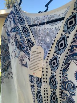 White Blue Paisley Print Button-Front Dress Size L