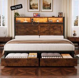 King Bed Frame with Bookcase Storage Headboard, Charging Station, LED Light and 2 Storage Drawers,Brown