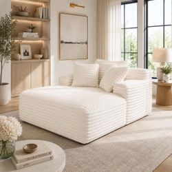 51'' White Corduroy Fabric Compressed Chaise Lounge Sofa Bed with Deep Seat and Cloud Couch Design.