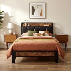 Twin Bed Frame, Storage Headboard with Charging Station, no Box Spring Needed 