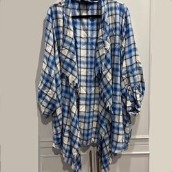Lane Bryant 26/28 Roll-Tab Plaid OverPiece Blouse Blue White Black 3X-4X