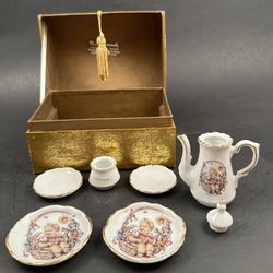 Vintage M J Hummel Miniature Child’s Tea Set in Gold Collector’s Box 