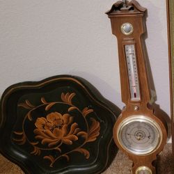 Black Gold Flower Hand Painted Wooden Tray On Pedestal Mid Century Modern Vintage Decorations Centerpiece Dining Table