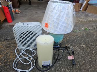 Space Heater, Table Lamp, and Pillar Candle Bundle