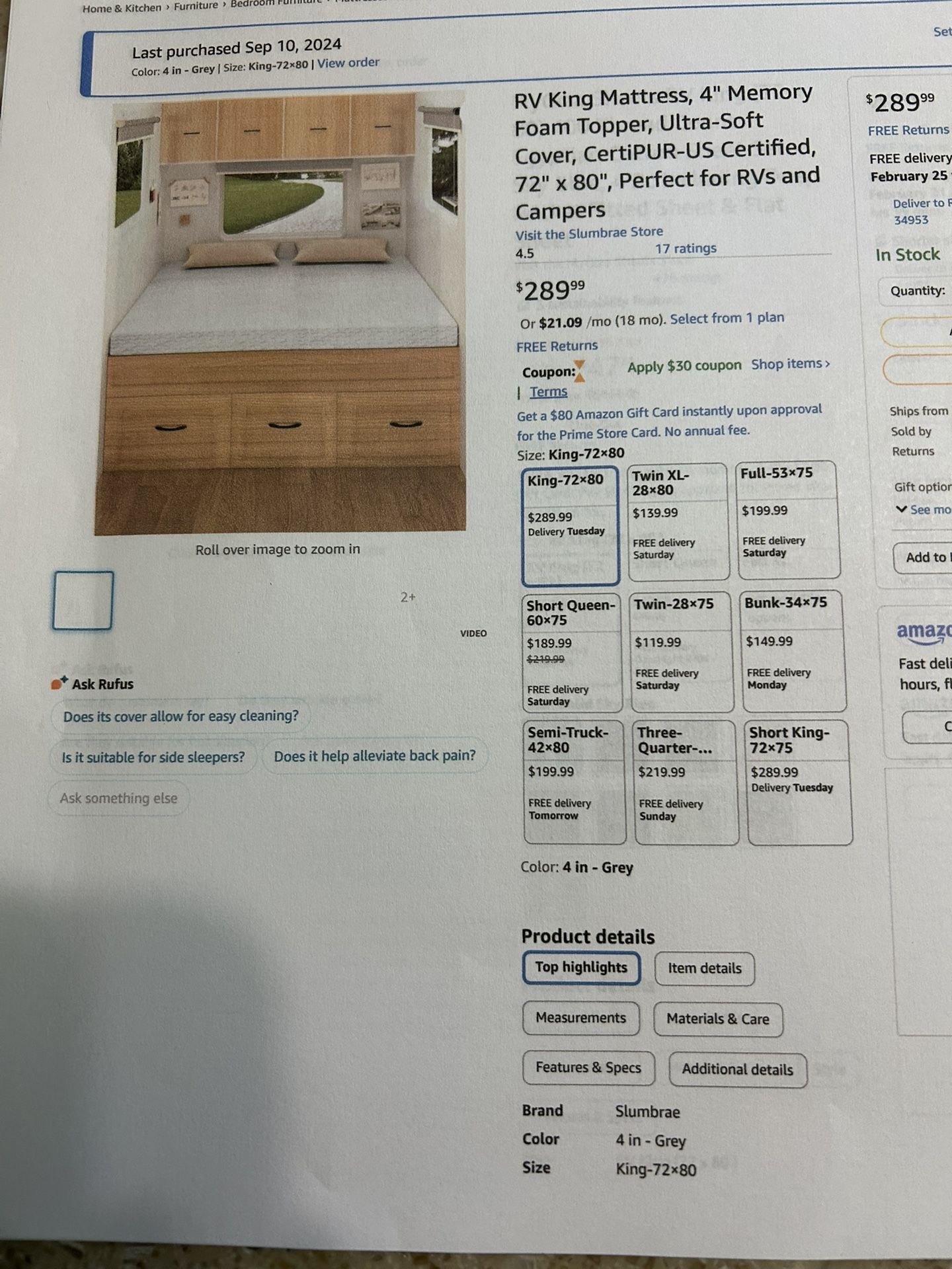 RV King Mattress Topper And Sheet