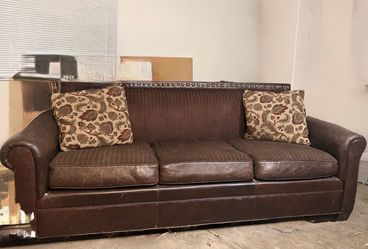 Brown Leather 3-Seat Sofa with Throw Pillows