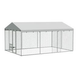 15x10 FT Large Outdoor Dog Kennel with Canopy, Heavy Duty Galvanized Steel Frame, Waterproof Cover, Built-in Elevated Feeding Bowls, Escape-Proof Lock