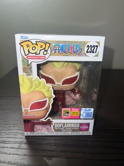 OFFICIAL SDCC EXCLUSIVE STICKER LE FLOCKED (FUZZY) Doflamingo One Piece Funko Pop #2327 Manga Anime