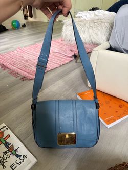 Blue Leather Shoulder Bag with Gold Clasp