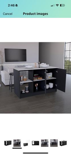 Kitchen Island Or Table With Open Storage Shelves and Double Door Cabinet, Black And Marble Top