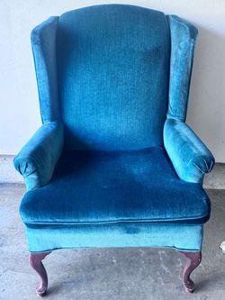 Vintage Teal Velvet Wingback Armchair – Queen Anne Legs