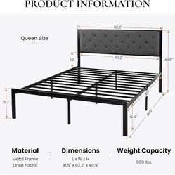 Queen Size Bed Frame, Fabric Upholstered with Button Tufted Headboard, Mattress Foundation with 17 Strong Metal Slats Support, No Box Spring Needed, E