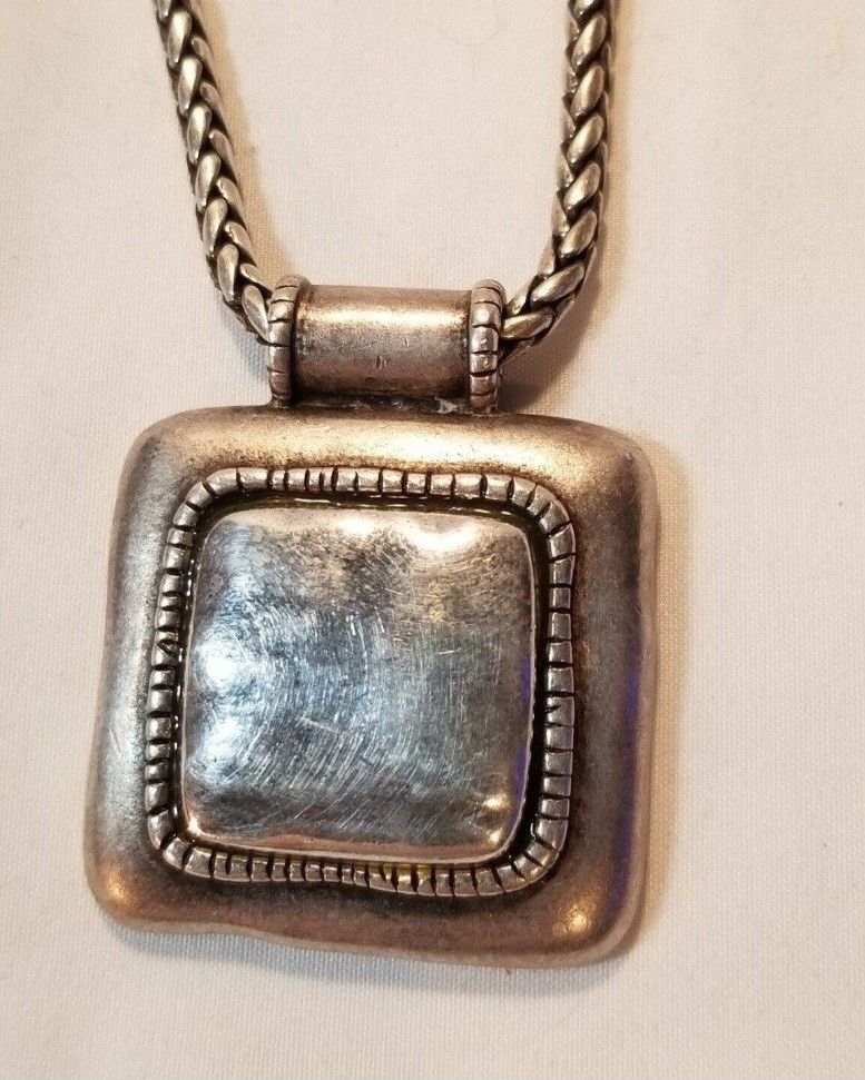 Vintage Chico's Hammered Silver Tone Square Pendant Necklace with Barrel Chain 