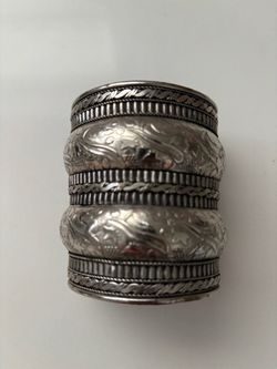Silver Tone Wide Cuff Bracelet with Engraved Detail