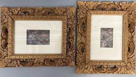 Set of 2 Balinese original keliki kawan art w Carved Wood Framed