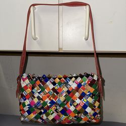 NAHUI OLLIN Woven Candy Wrapper Shoulder Bag Purse Red Patent Leather Strap 8x12