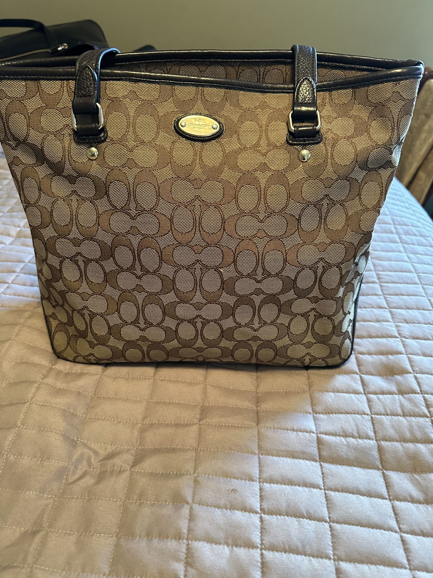 Coach Brown Signature/ Leather Shoulder Tote Bag