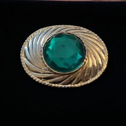 Vintage UNGARO-PARIS Gold tone Engraved Green Glass Brooch Pin