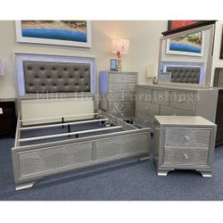 4 Pc Queen Champagne Bedroom Set ( Bed Frame, Dresser, Mirror And One Nightstand ) 