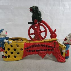 Professor Pug Frogs Great Bicycle Feat Cast Iron Mechanical Coin Bank