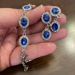 Blue Glass & White Crystal Bracelet And Earrings Set
