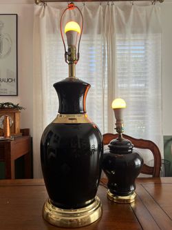 MCM Hollywood Regency Style Black Ceramic Table Lamps with Brass Base – Set of 2