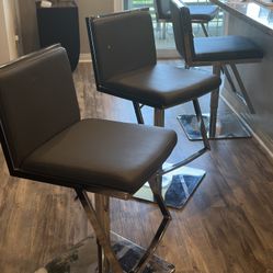 Adjustable Height Leather Swivel Bar Stools With Chrome  Set Of 4