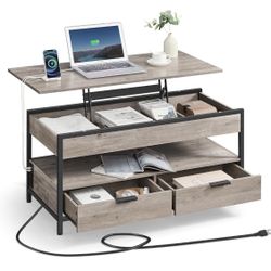 Lift Top Coffee Table with Storage Drawers and Charging Station, Coffee Table for Living Room with Lifting Top, Hidden Compartments and Open Shelf, He