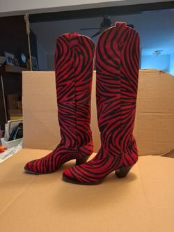 Exotic Vintage Larry Mayhan Red and Black in Calf hair Zebra print Cowboy boots