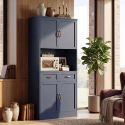 71" Tall Kitchen Pantry Storage Cabinet, Wood Kitchen Hutch, Blue Modern Pantry Cabinet with Microwave Stand, Hutch Cabinet with Countertop & Drawers,
