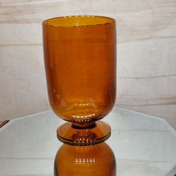 Blenko Crackle Amber MCM Footed Compote  Art Glass 