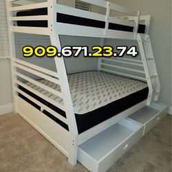Twin/Full White Bunk bed w. Drawers & Ortho Mattresses Included 
