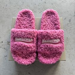 Pink Balenci Fur Slides 