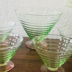 Tiffin Watermelon Atomic Vaseline Ribbed Utility Depression Uranium Glass Dessert/ Salad Bowl Set -Glows In Black Light