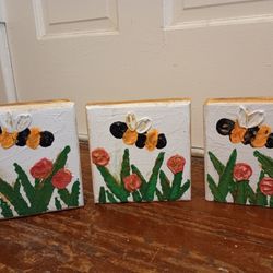 Bee Painting Triptych Artwork *15.00* 6" x 5" and 5" x 5" Home Decor