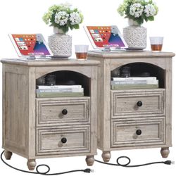 18" Farmhouse Night Stand Set of 2 with Charging Station, Gray Wood Nightstand with 2 Drawers, Bedside End Table with Shelf Storage, Bed Side Tables f