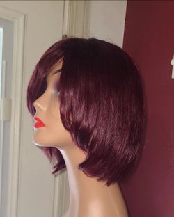 10"human hair wigs with bangs,No lace front,Burgundy 99J red  200%density.