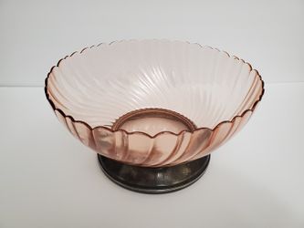 Vintage France Pink Rosaline Swirl Scalloped Edge Large Salad Bowl with Silver M