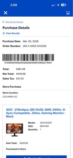 AOC 27" QD-OLED QHD 240Hz Gaming Monitor