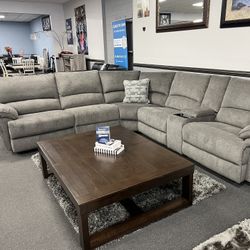 Gray Sofa Sectional w/ Wireless Charger & 3 Power Motion Recliners 