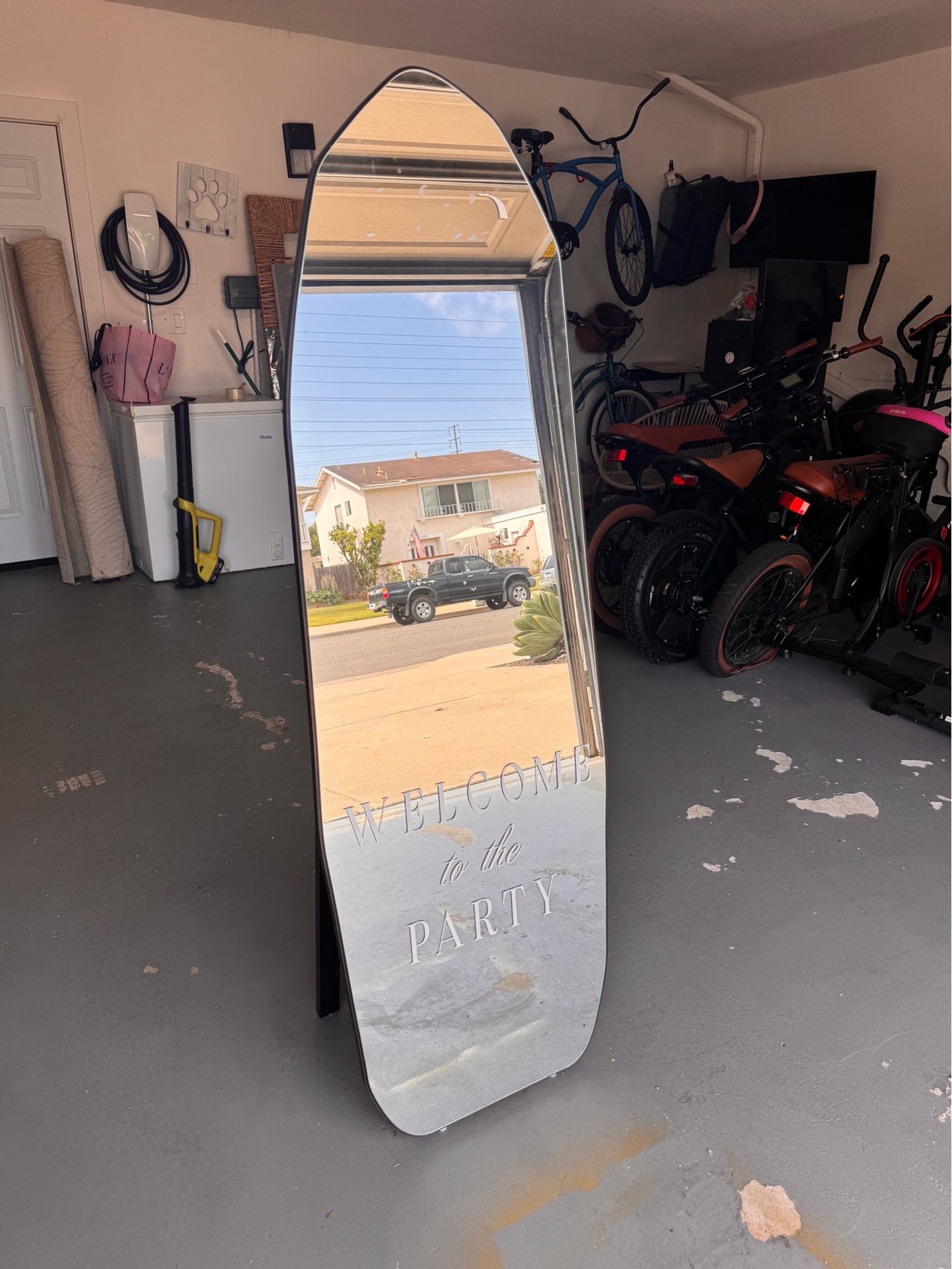 Tall Surfboard-Shaped “Welcome to the Party” Mirror - Fun Beachy Decor