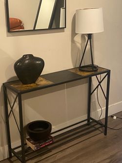 2 Tier Console, Entryway Accent Metal Table In Matte Black and Rustic Wood Accent