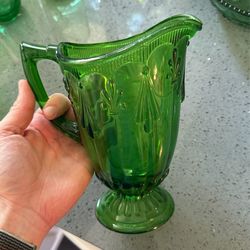 Patterned Vintage Green Glass Pitcher